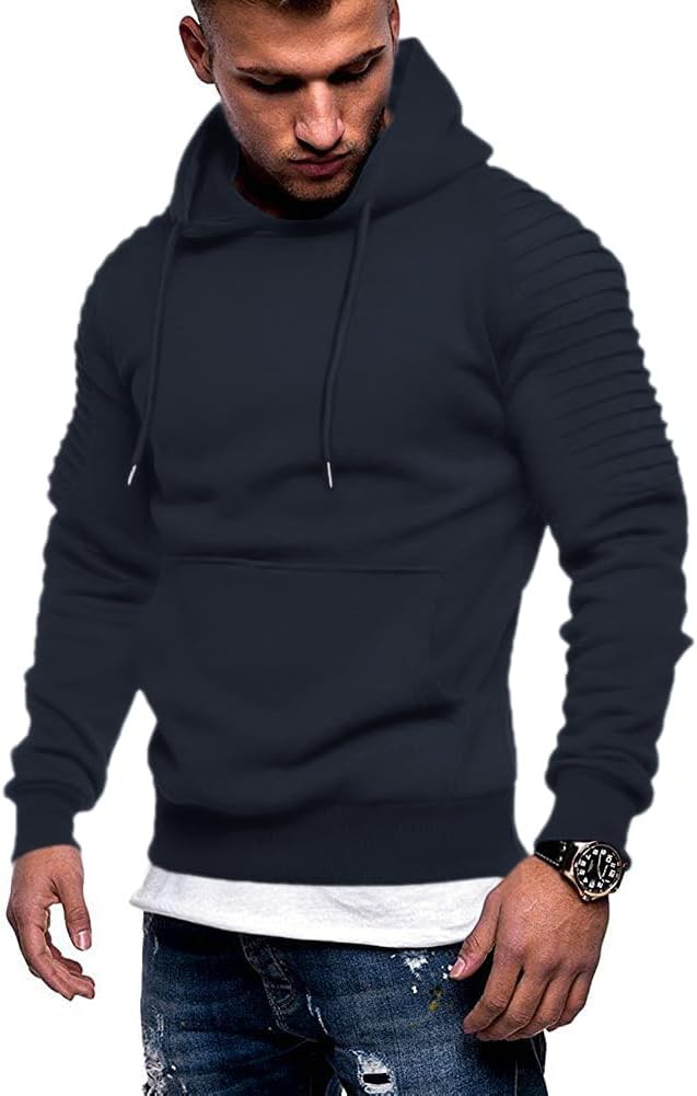 Men's Athletic Pullover Hoodie - Drawstring Hood and Kangaroo Pocket Sweatshirt for Gym Workouts in Fall Winter - Black 
