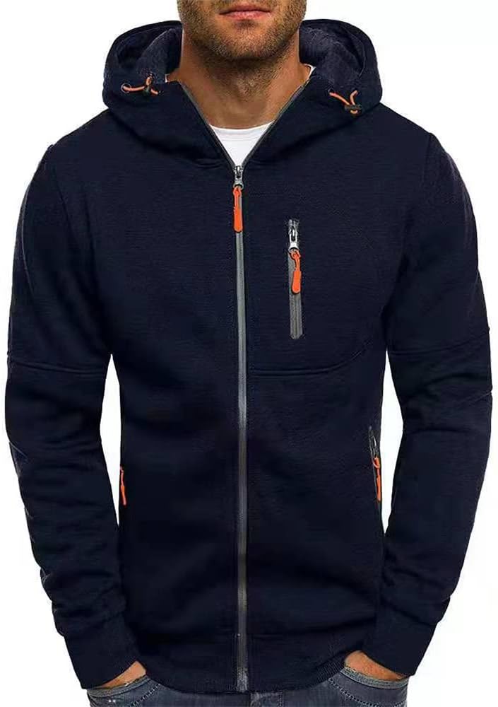 Men's Full Zip Hooded Sports Jacket - Long Sleeve Sweatshirt with Zip Pockets for Training and Casual Wear - Small