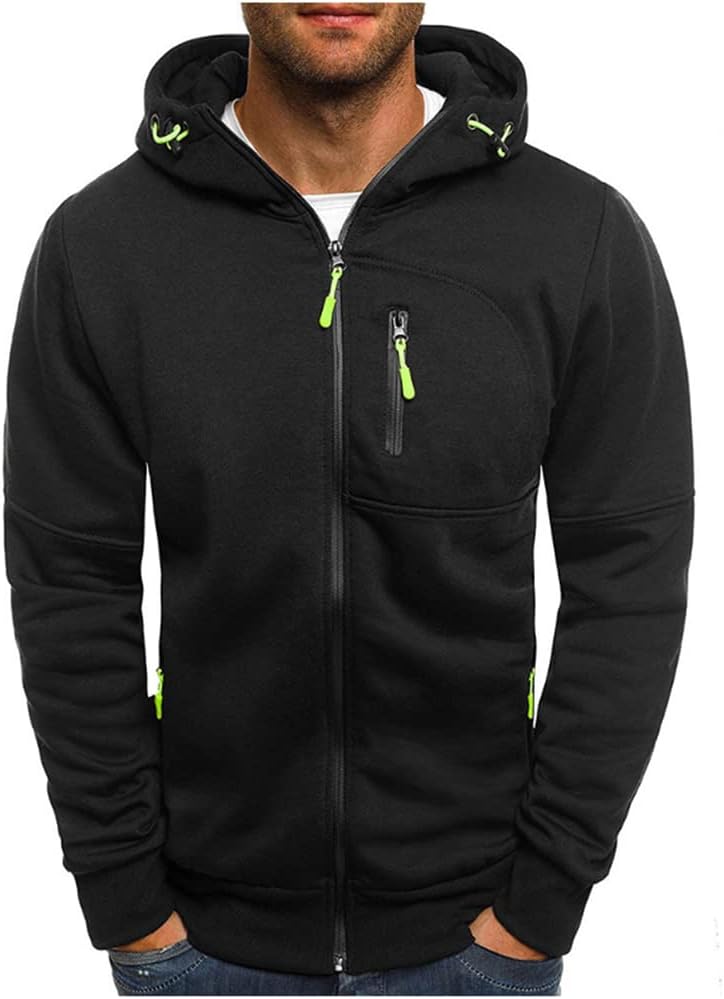 Men's Full Zip Hooded Sports Jacket - Long Sleeve Sweatshirt with Zip Pockets for Training and Casual Wear - Small