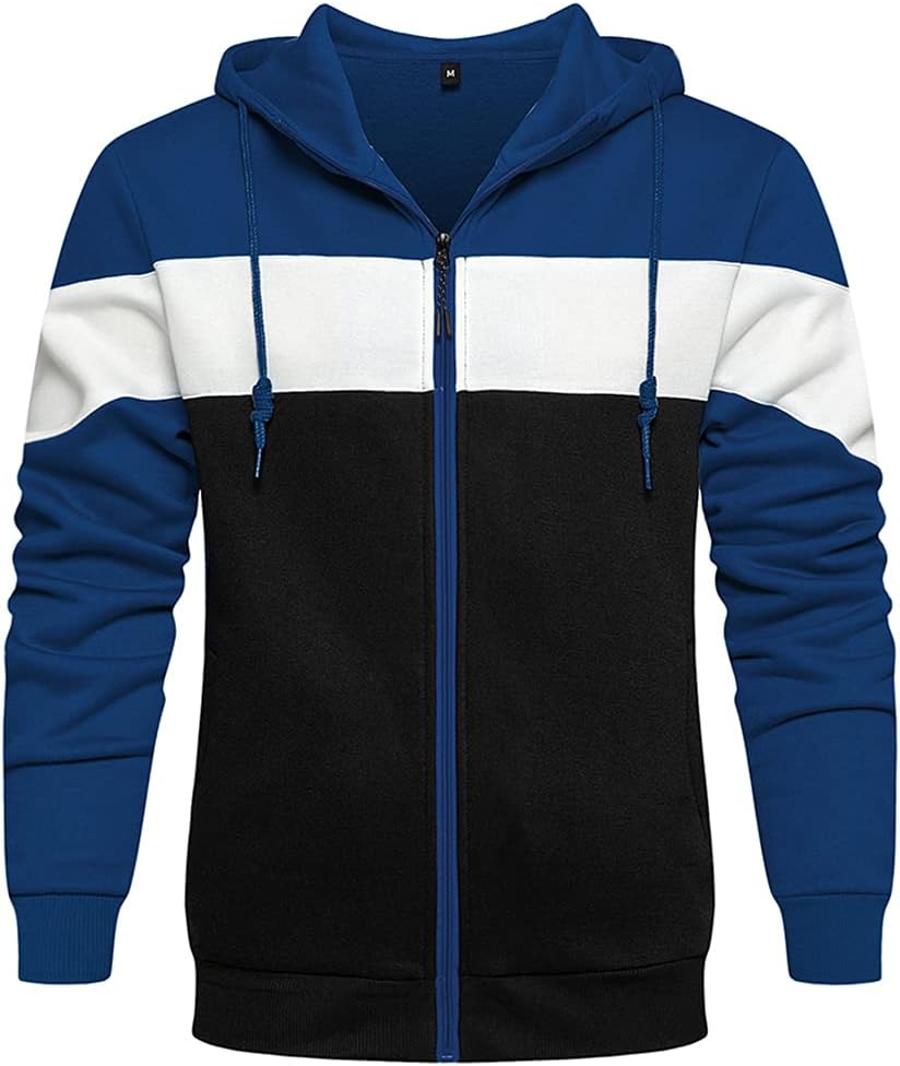 Men's Colour Block Zip Front Hoodie - Full Zip Hooded Sweatshirt with Contrast Panels for Casual Daily Wear - Medium