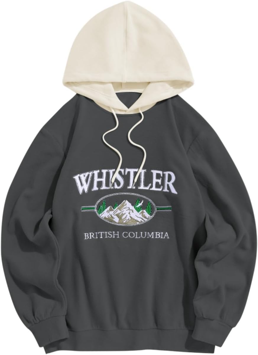 Men's Letter Graphic Fleece Pullover Hoodie - Mountain Embroidery and Loose Fit with Adjustable Drawstring Hood - Small