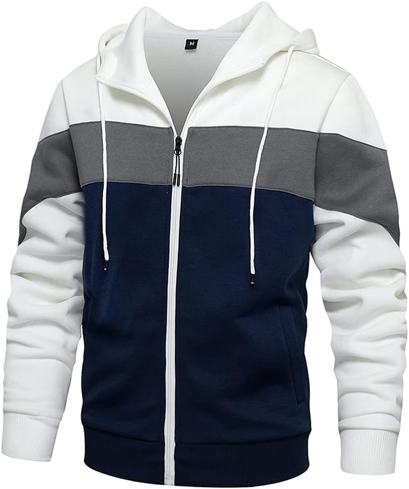 Men's Colour Block Zip Front Hoodie - Full Zip Hooded Sweatshirt with Contrast Panels for Casual Daily Wear - Small