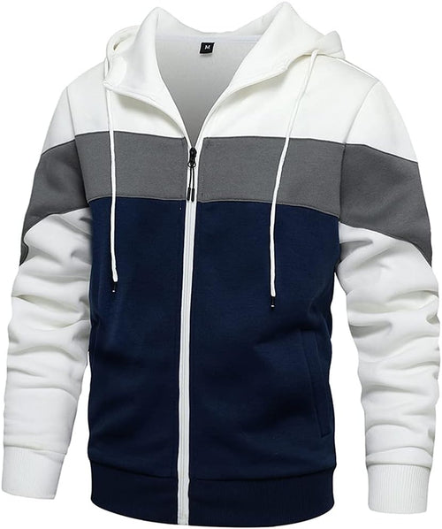 Men's Colour Block Zip Front Hoodie - Full Zip Hooded Sweatshirt with Contrast Panels for Casual Daily Wear - Small
