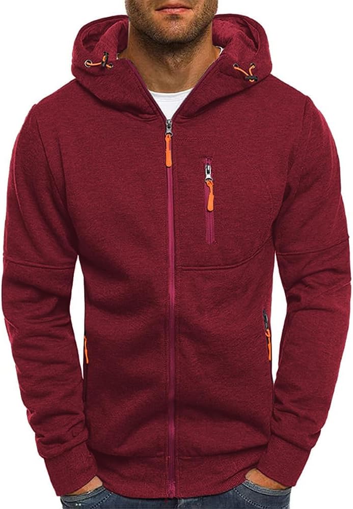 Men's Full Zip Hooded Sports Jacket - Long Sleeve Sweatshirt with Zip Pockets for Training and Casual Wear - Small