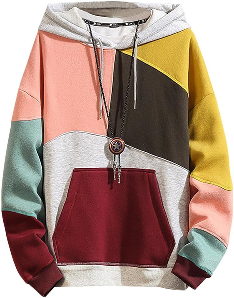 Men's Contrast Colour Patchwork Pullover Hoodie - Cotton Blend Hooded Sweatshirt with Long Sleeves for Autumn - Medium