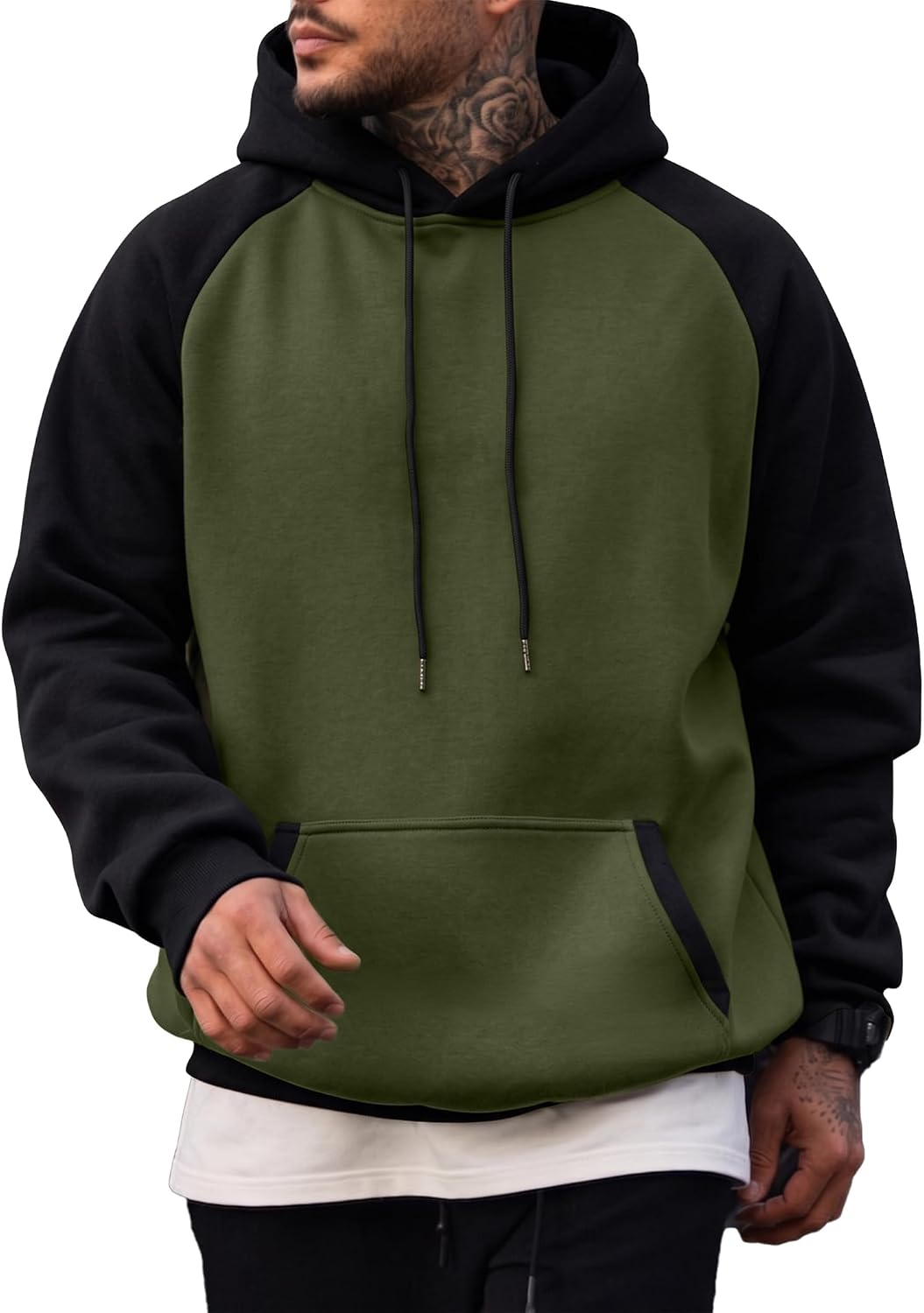 Men's Cotton Fleece Pullover Hoodie - Drawstring Hood, Kangaroo Pocket and Oversized Fit for Fall and Winter - Large