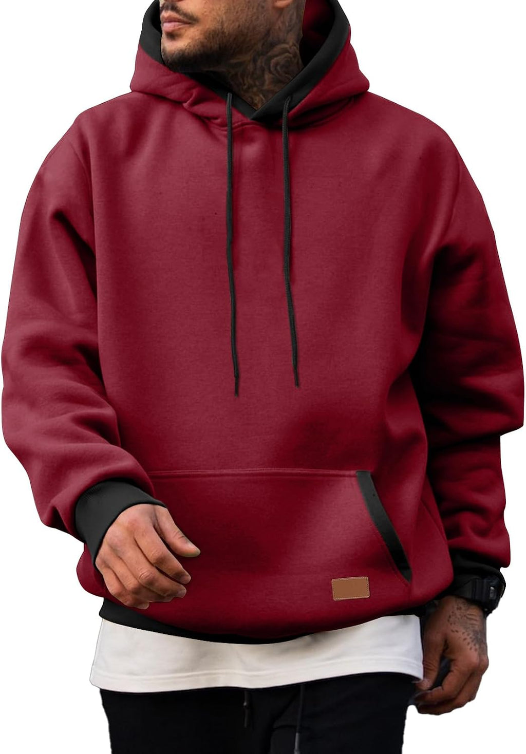 Men's Cotton Fleece Pullover Hoodie - Drawstring Hood, Kangaroo Pocket and Oversized Fit for Fall and Winter - Large
