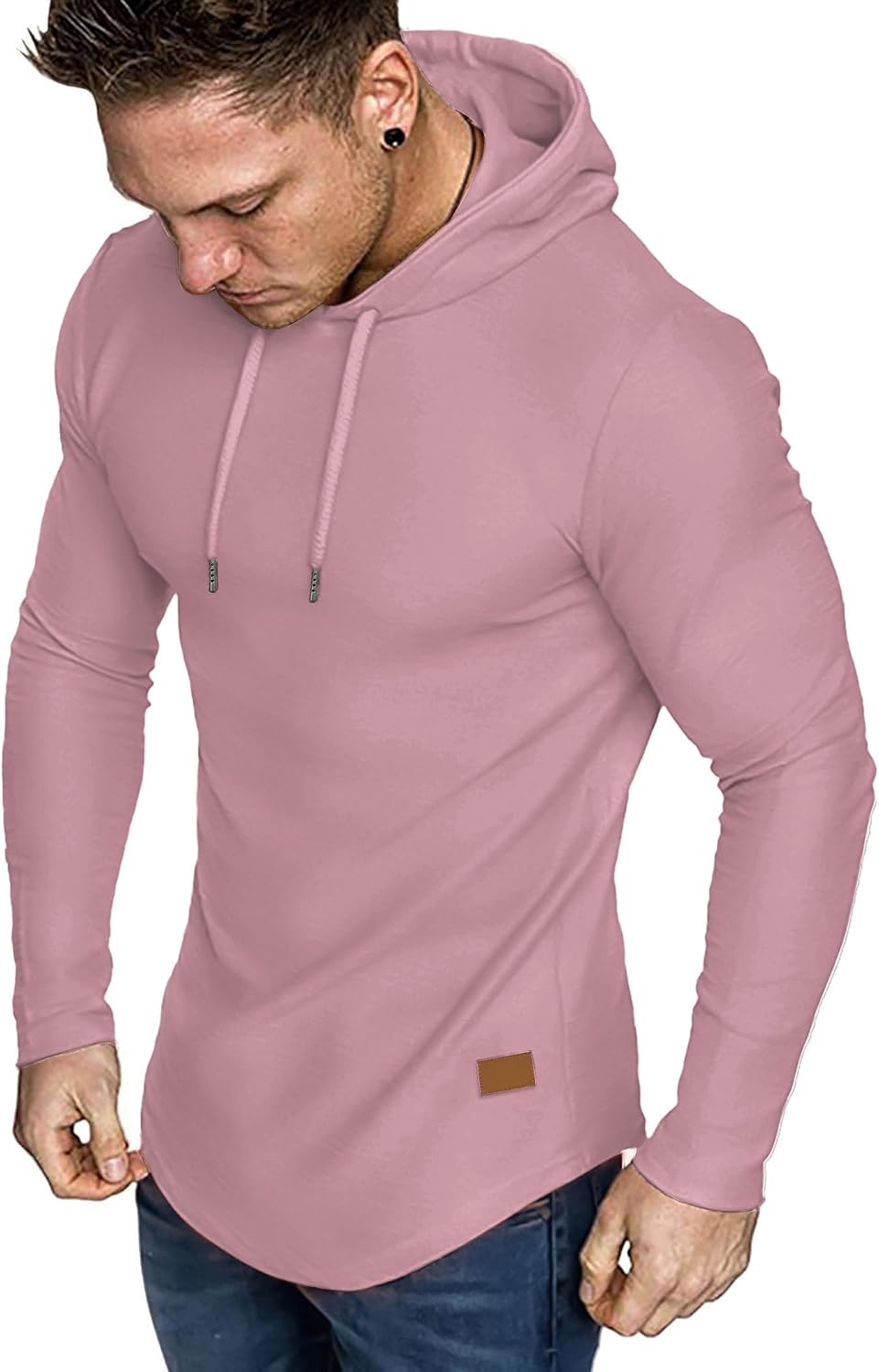 Men's Fleece Longline Athletic Sweatshirt - Lightweight Long Sleeve Muscle Fit Pullover for Gym Workouts - Small