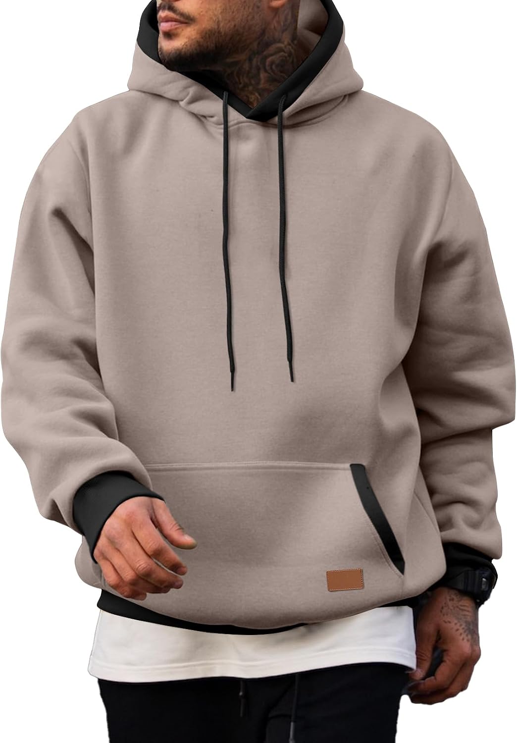 Men's Cotton Fleece Pullover Hoodie - Drawstring Hood, Kangaroo Pocket and Oversized Fit for Fall and Winter - Large