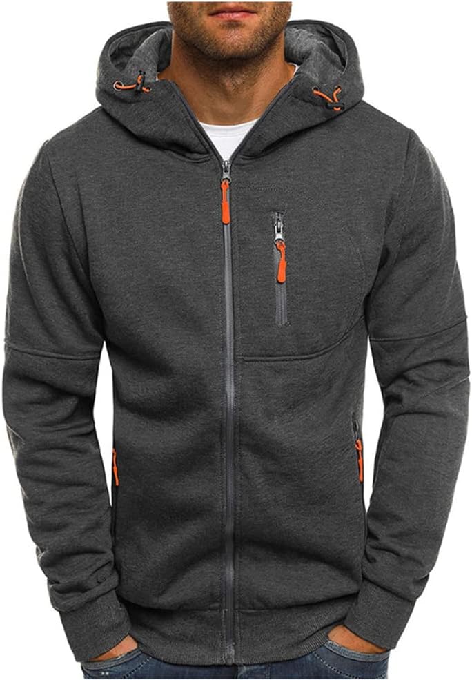 Men's Full Zip Hooded Sports Jacket - Long Sleeve Sweatshirt with Zip Pockets for Training and Casual Wear - Small