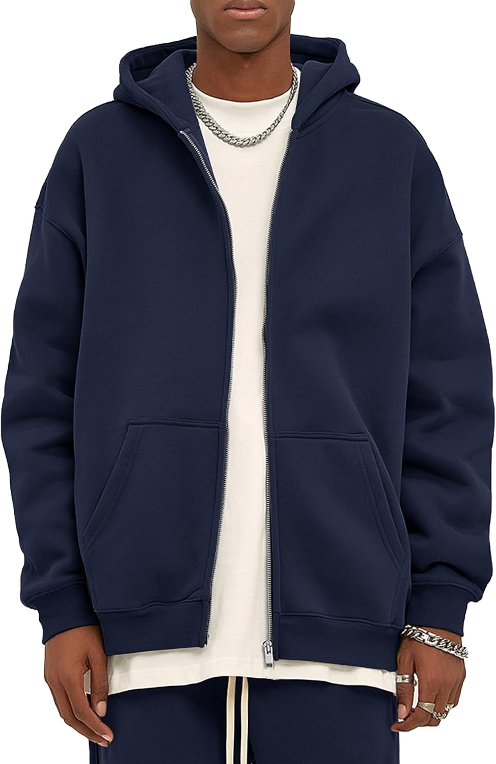 Men's Oversized Zip Up Fleece Hoodie - Drop Shoulder Baggy Sweatshirt with Kangaroo Pockets for Streetwear - Small