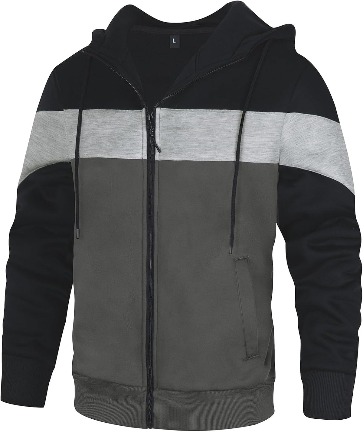 Men's Colour Block Zip Front Hoodie - Full Zip Hooded Sweatshirt with Contrast Panels for Casual Daily Wear - Medium