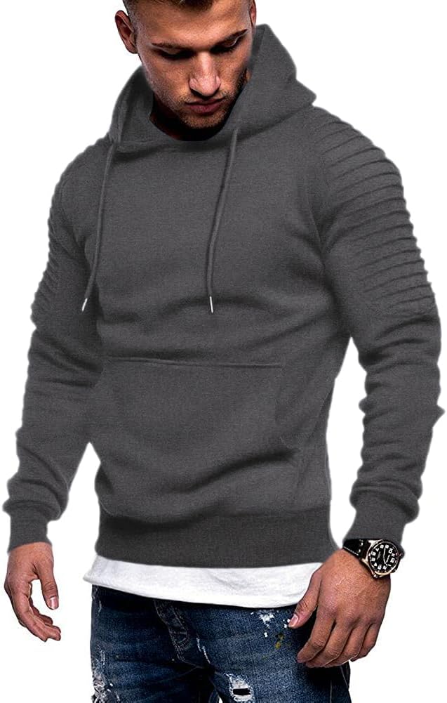 Men's Athletic Pullover Hoodie - Drawstring Hood and Kangaroo Pocket Sweatshirt for Gym Workouts in Fall Winter - Black