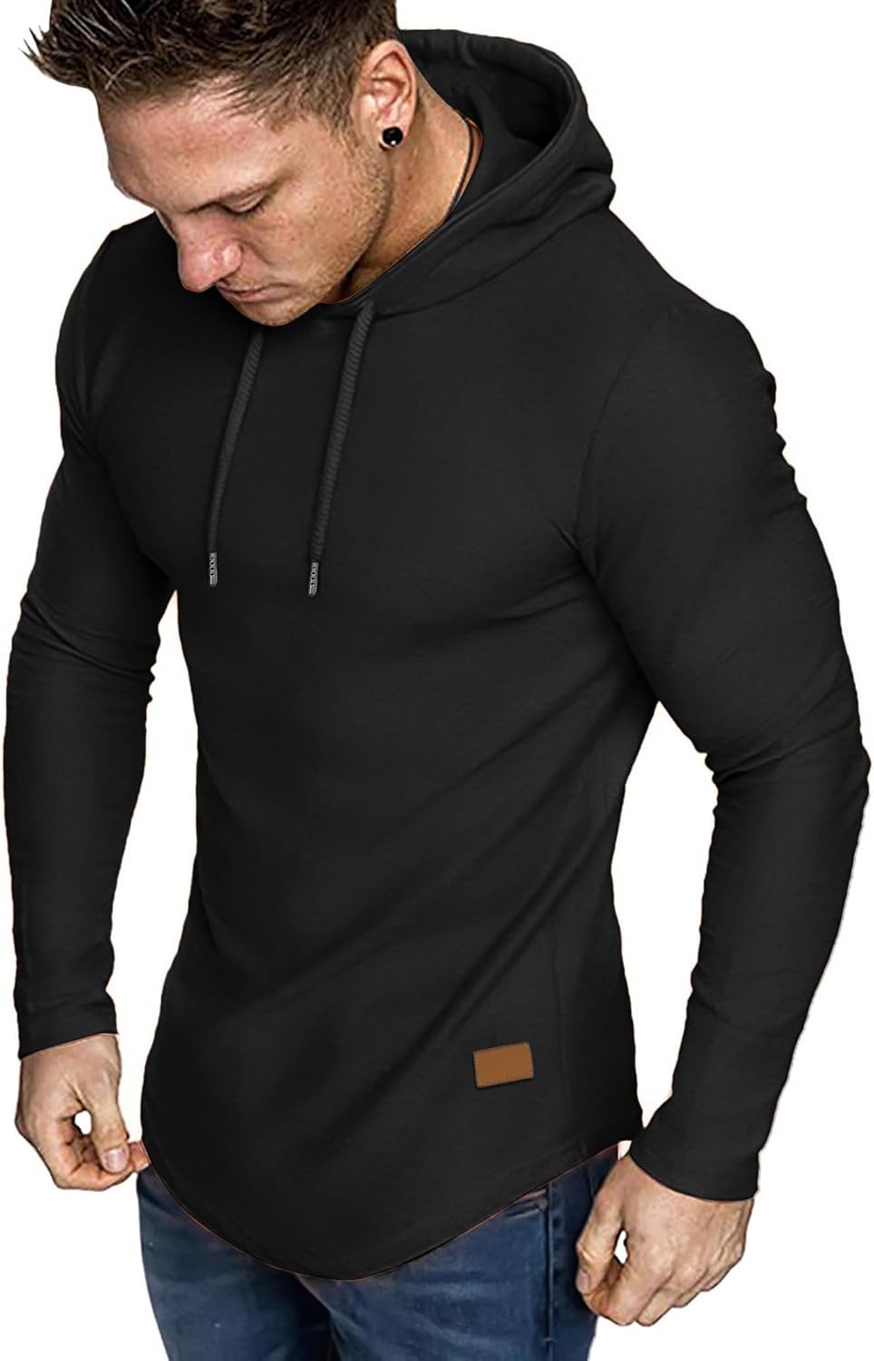 Men's Fleece Longline Athletic Sweatshirt - Lightweight Long Sleeve Muscle Fit Pullover for Gym Workouts - Medium