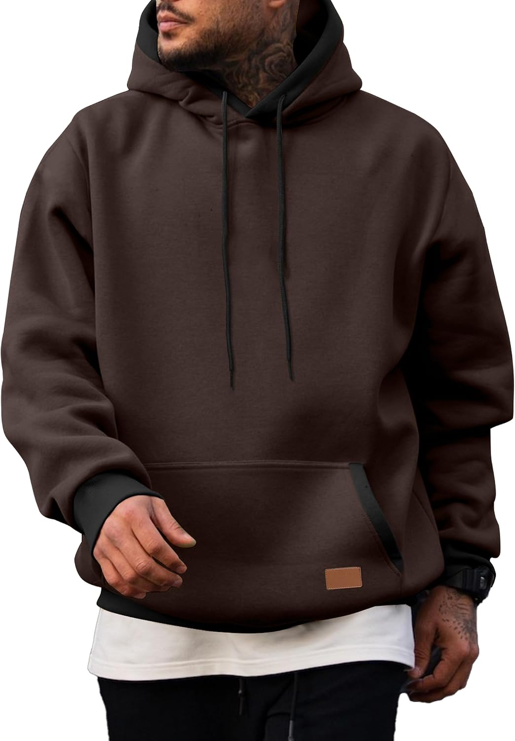 Men's Cotton Fleece Pullover Hoodie - Drawstring Hood, Kangaroo Pocket and Oversized Fit for Fall and Winter - Large