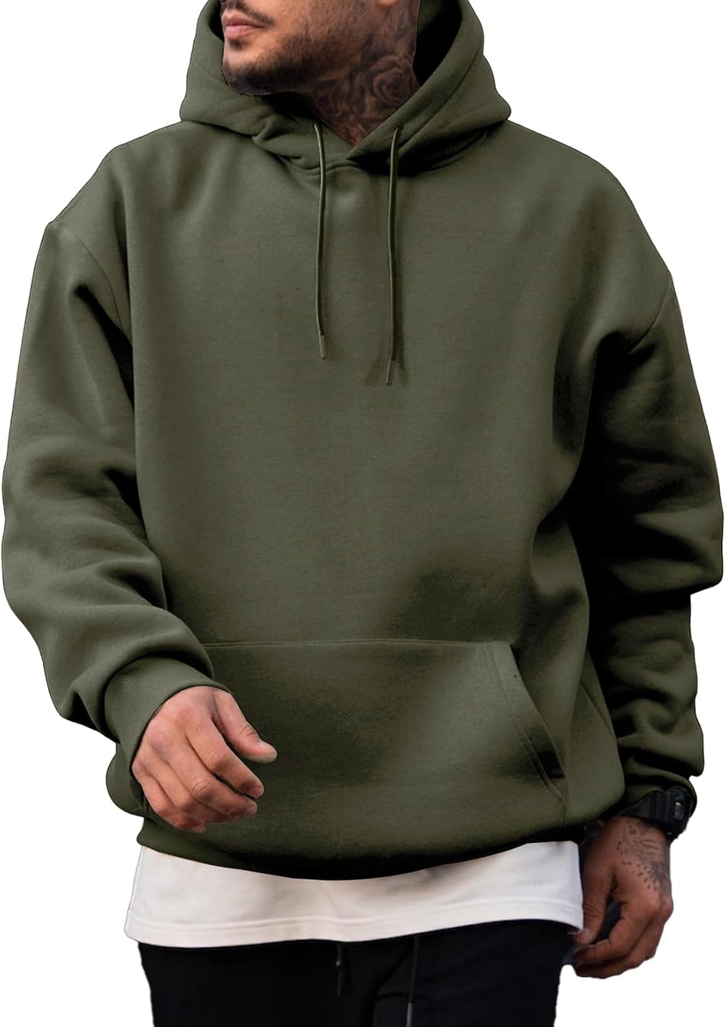 Men's Fleece Lined Oversized Pullover Hoodie - Adjustable Drawstring Hood and Kangaroo Pocket for Cold Weather - Large