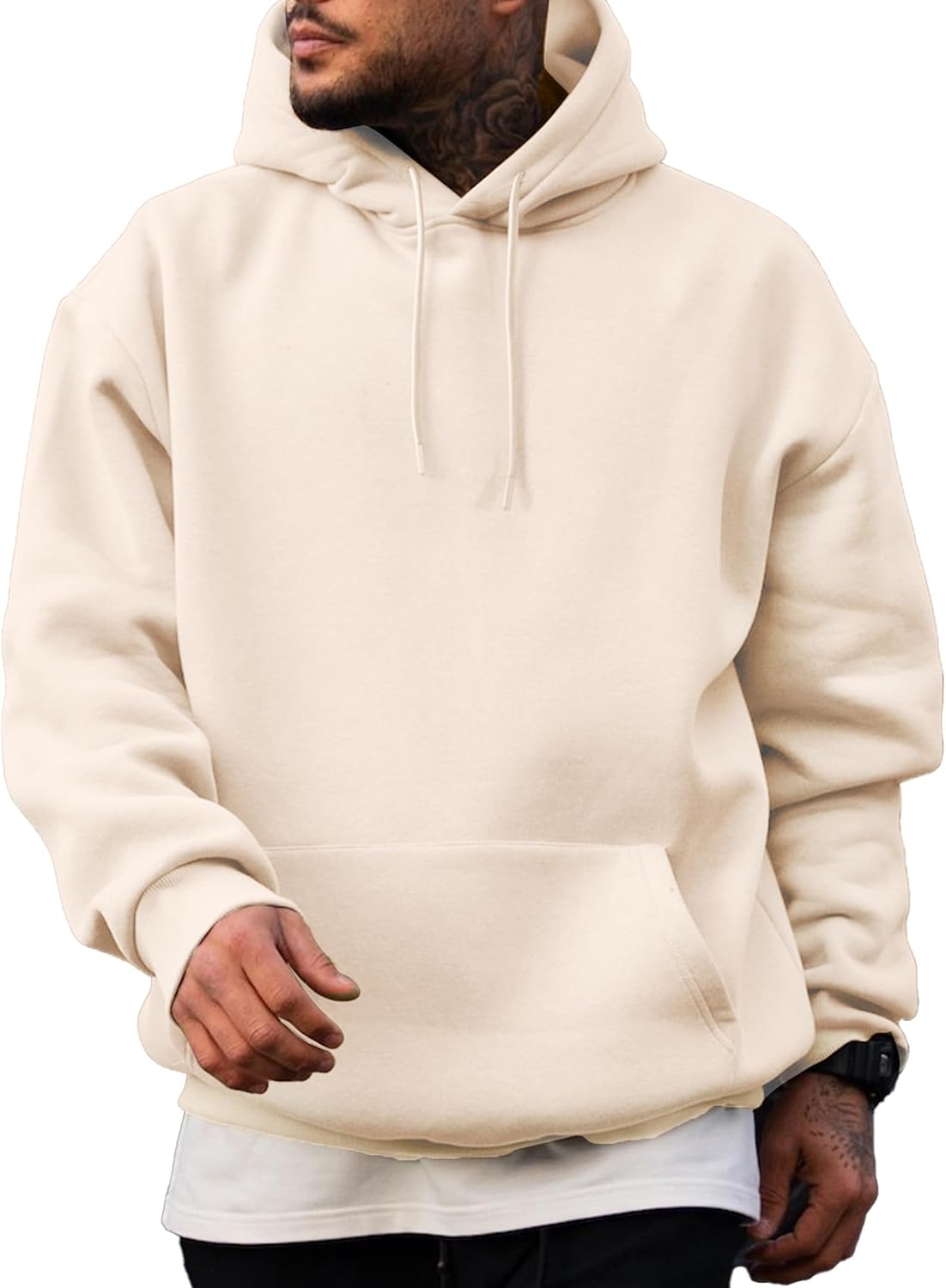 Men's Fleece Lined Oversized Pullover Hoodie - Adjustable Drawstring Hood and Kangaroo Pocket for Cold Weather - Large