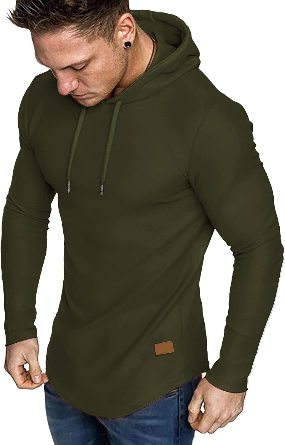 Men's Fleece Longline Athletic Sweatshirt - Lightweight Long Sleeve Muscle Fit Pullover for Gym Workouts - Small