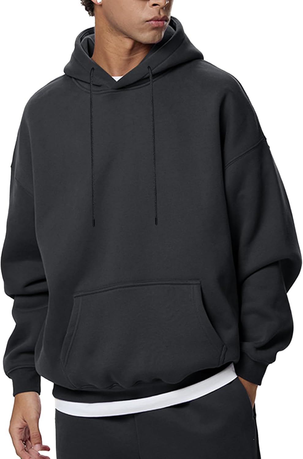 Men's Oversized Fleece Hoodie - Drop Shoulder Streetwear Pullover Sweatshirt with Drawstring Hood for Winter - Small