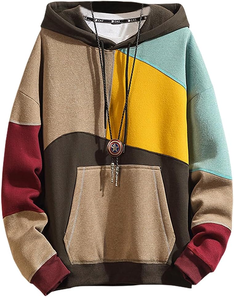 Men's Contrast Colour Patchwork Pullover Hoodie - Cotton Blend Hooded Sweatshirt with Long Sleeves for Autumn - Large
