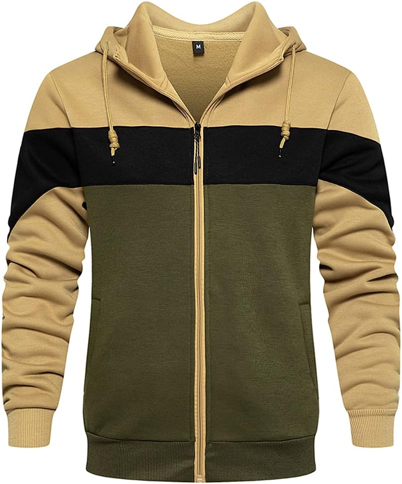 Men's Colour Block Zip Front Hoodie - Full Zip Hooded Sweatshirt with Contrast Panels for Casual Daily Wear - Medium