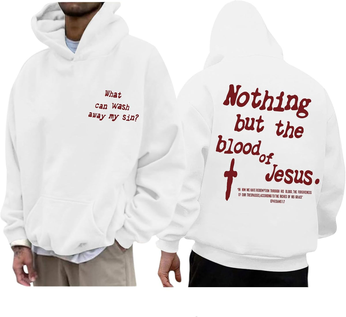 Men's Faith Graphic Pullover Hoodie - Cross and Bible Verse Print Hooded Sweatshirt for Casual Everyday Wear - Apricot