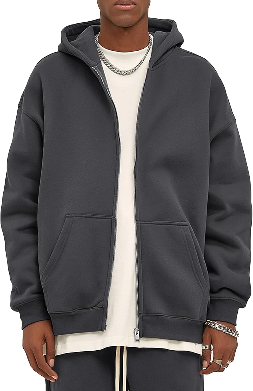 Men's Oversized Zip Up Fleece Hoodie - Drop Shoulder Baggy Sweatshirt with Kangaroo Pockets for Streetwear - Small