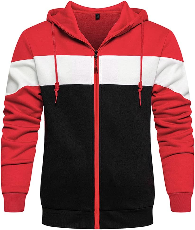 Men's Colour Block Zip Front Hoodie - Full Zip Hooded Sweatshirt with Contrast Panels for Casual Daily Wear - Small