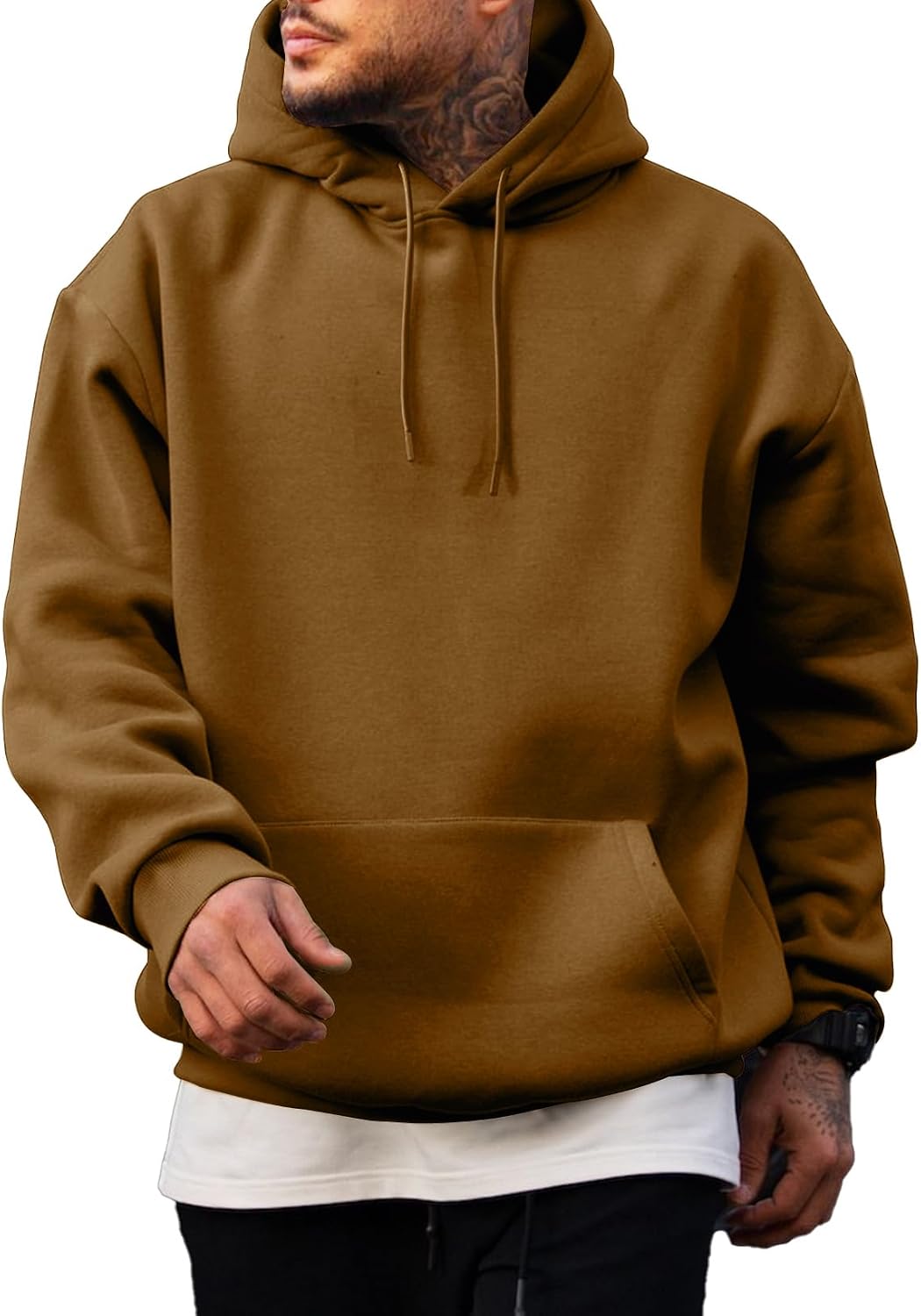 Men's Fleece Lined Oversized Pullover Hoodie - Adjustable Drawstring Hood and Kangaroo Pocket for Cold Weather - Large