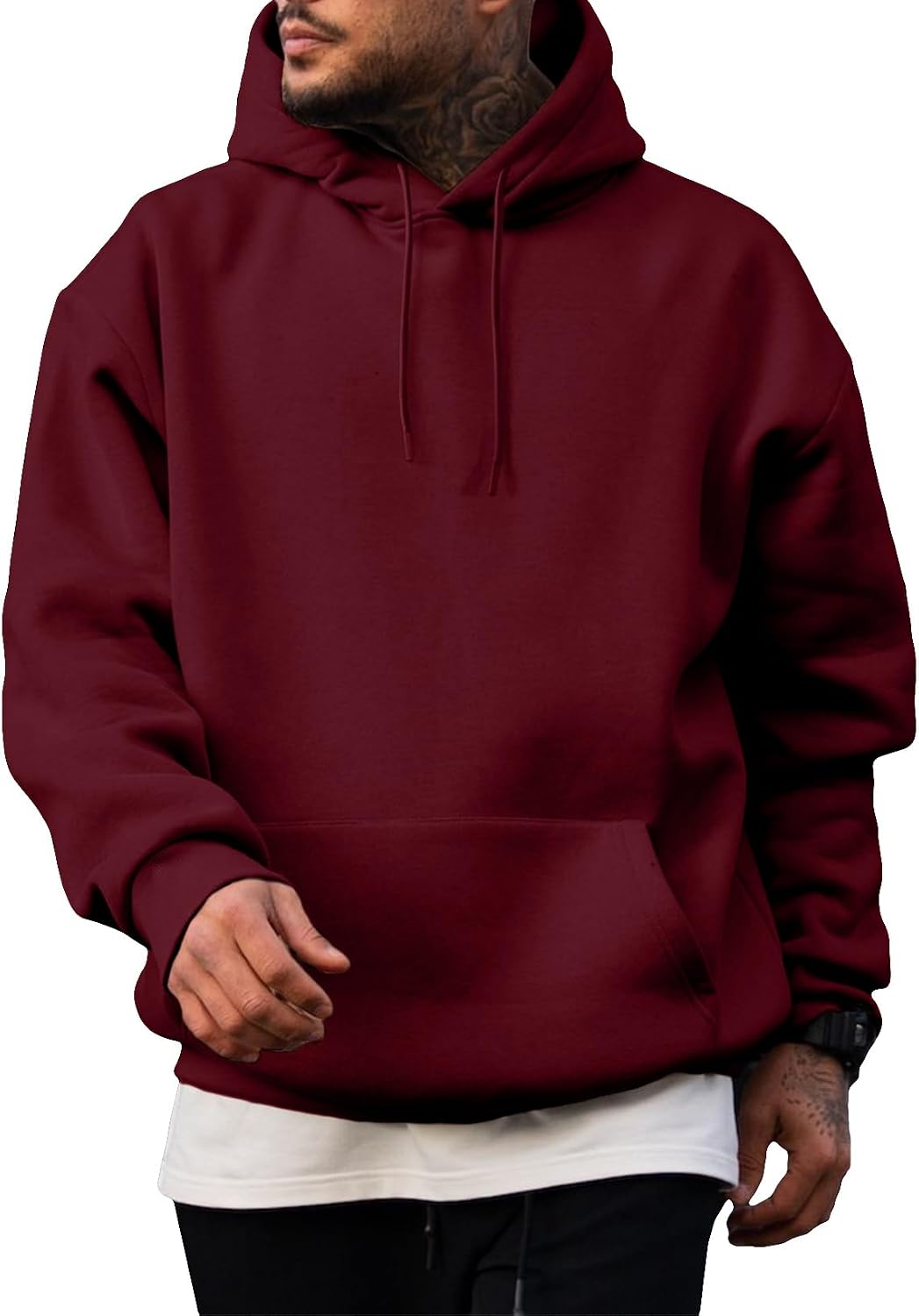 Men's Fleece Lined Oversized Pullover Hoodie - Adjustable Drawstring Hood and Kangaroo Pocket for Cold Weather - Large (