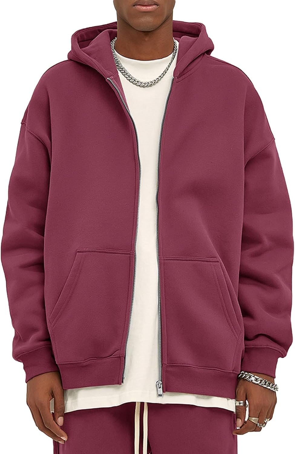 Men's Oversized Zip Up Fleece Hoodie - Drop Shoulder Baggy Sweatshirt with Kangaroo Pockets for Streetwear - Small