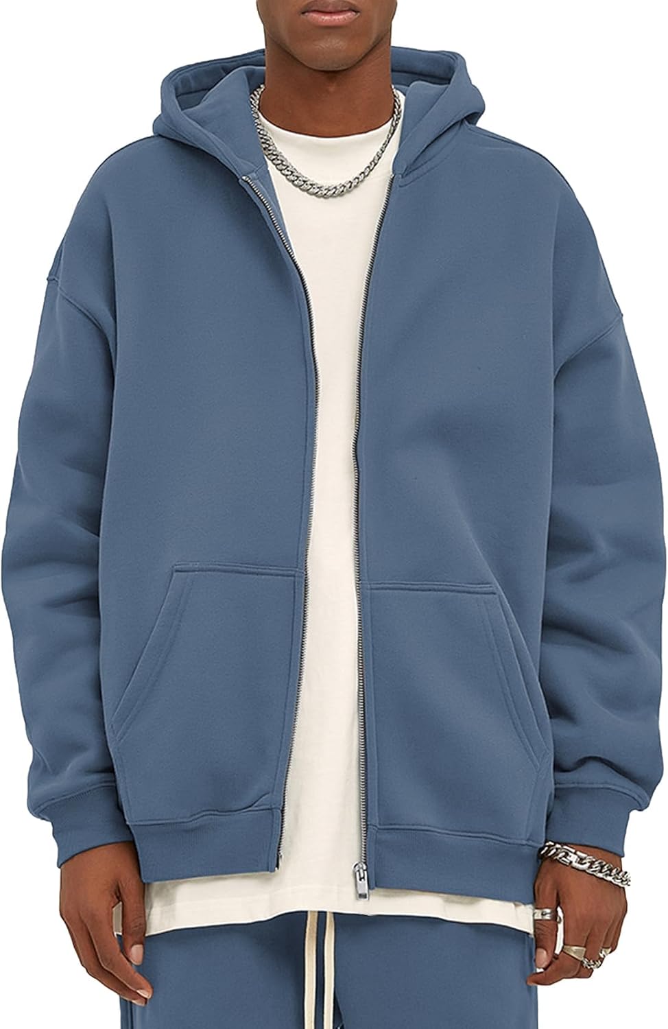 Men's Oversized Zip Up Fleece Hoodie - Drop Shoulder Baggy Sweatshirt with Kangaroo Pockets for Streetwear - Small