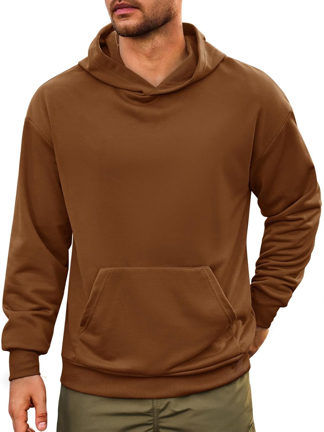 Men's Lightweight Slim Fit Pullover Hoodie - Breathable Solid Colour Sweatshirt with Kanga Pockets for Spring - Large
