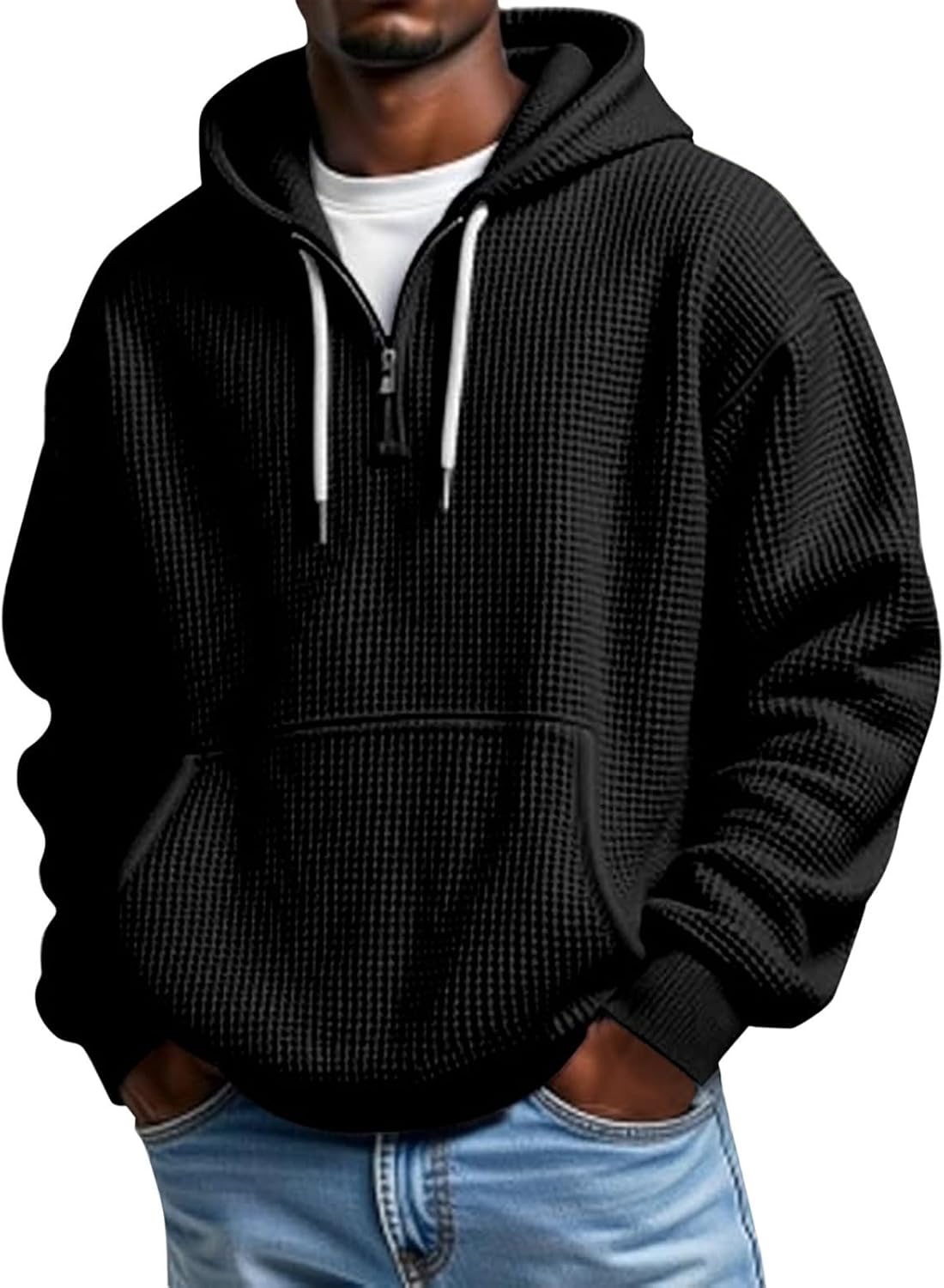 Men's Waffle Knit Quarter Zip Hooded Sweatshirt - Long Sleeve Drawstring Pullover with Front Pocket for Autumn - Medium