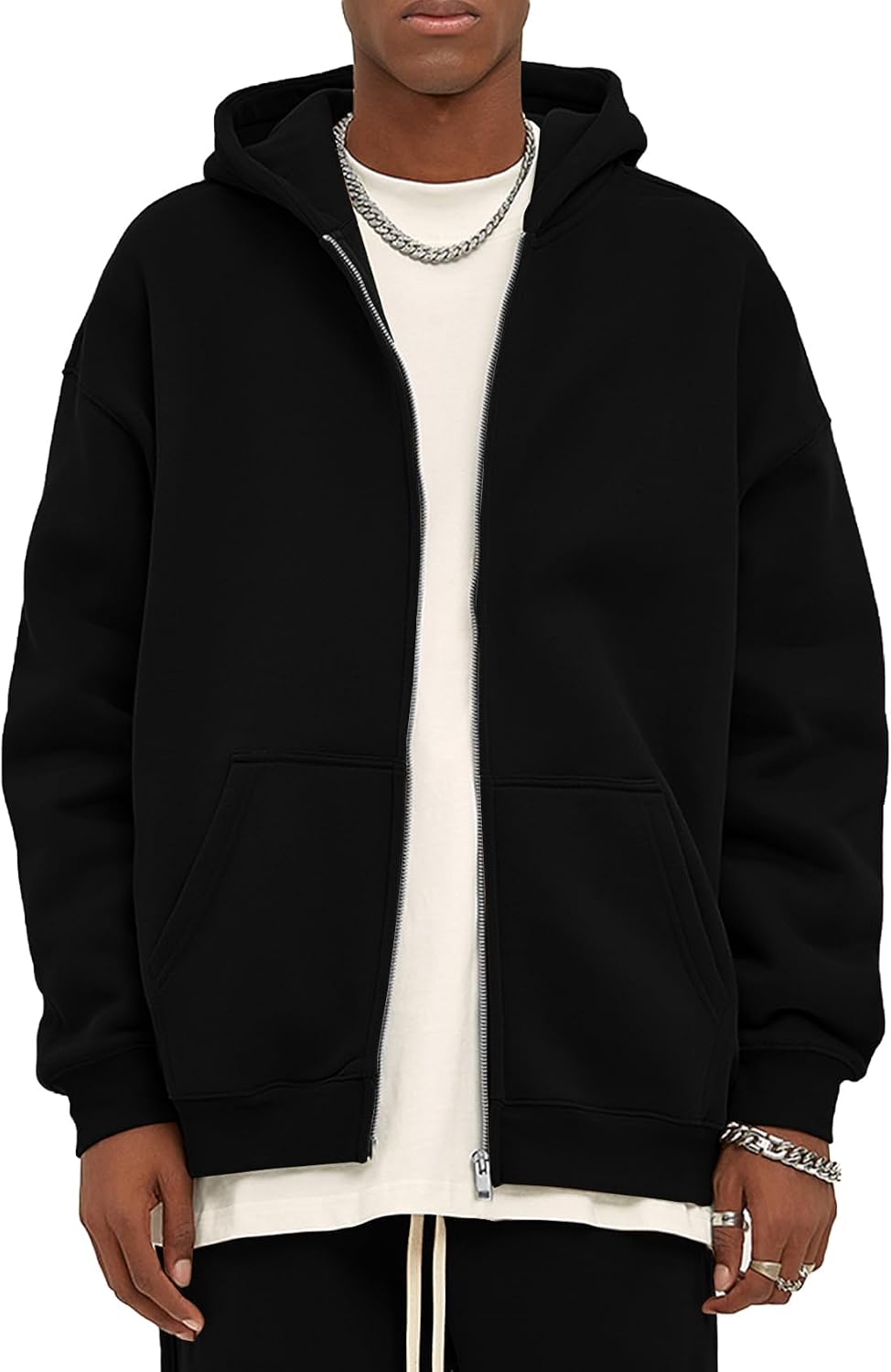 Men's Oversized Zip Up Fleece Hoodie - Drop Shoulder Baggy Sweatshirt with Kangaroo Pockets for Streetwear - Small