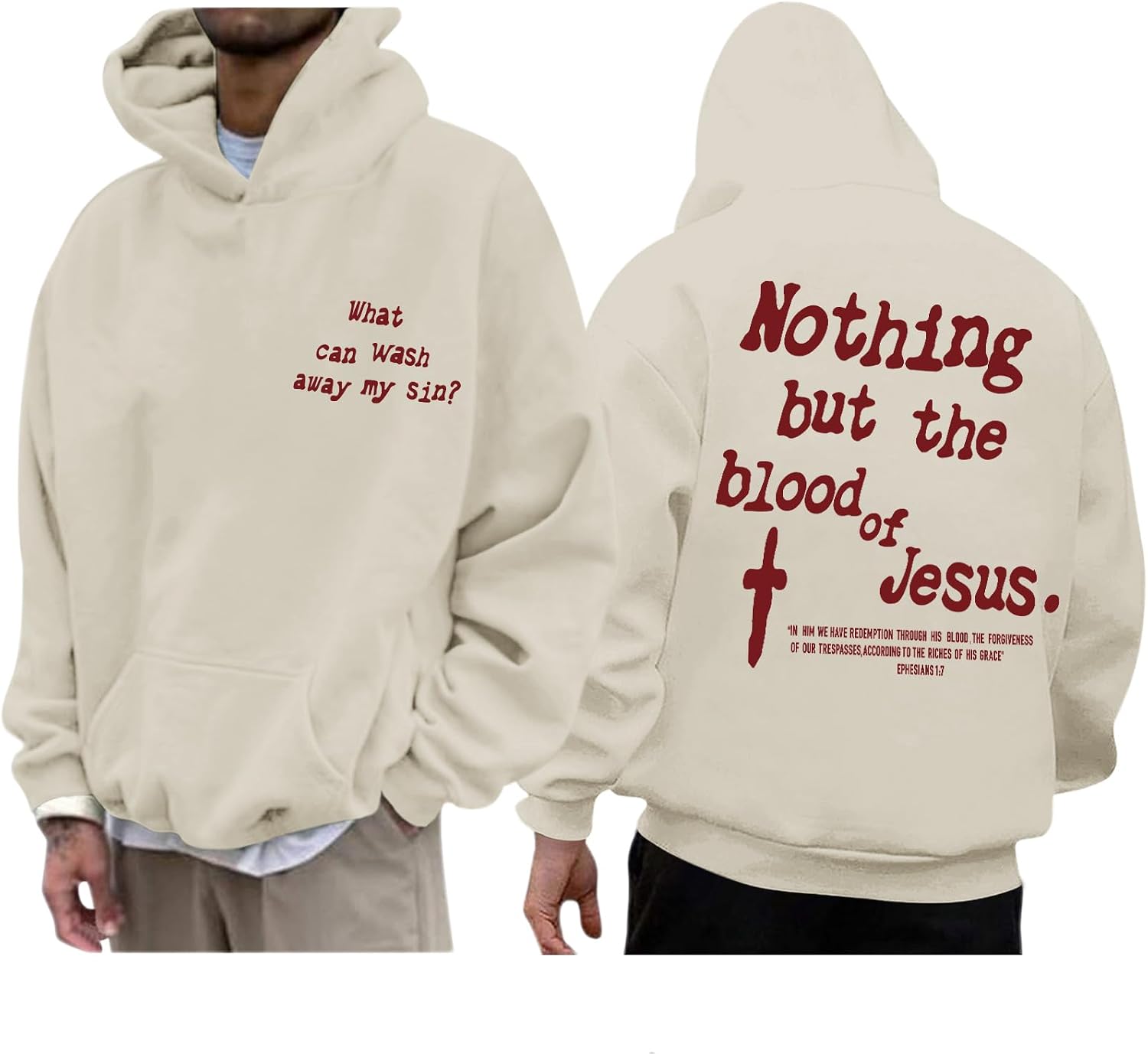 Men's Faith Graphic Pullover Hoodie - Cross and Bible Verse Print Hooded Sweatshirt for Casual Everyday Wear - Apricot (