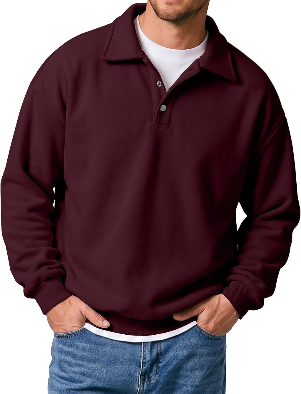 Men's Midweight Fleece Polo Sweatshirt - Quarter Button Collared Pullover with Ribbed Cuffs for Fall and Winter - Small