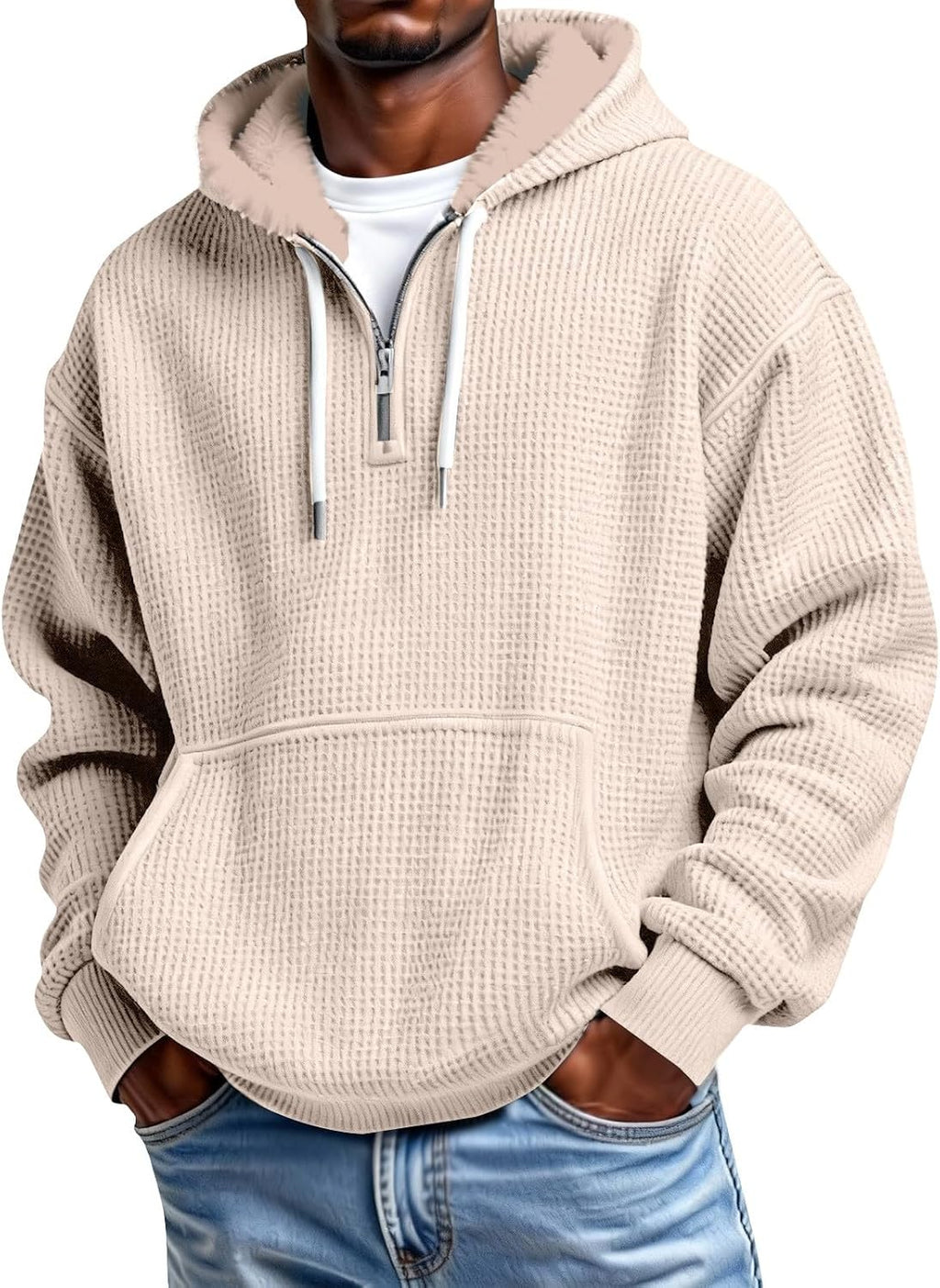 Men's Waffle Knit Quarter Zip Hooded Sweatshirt - Long Sleeve Drawstring Pullover with Front Pocket for Autumn - Small