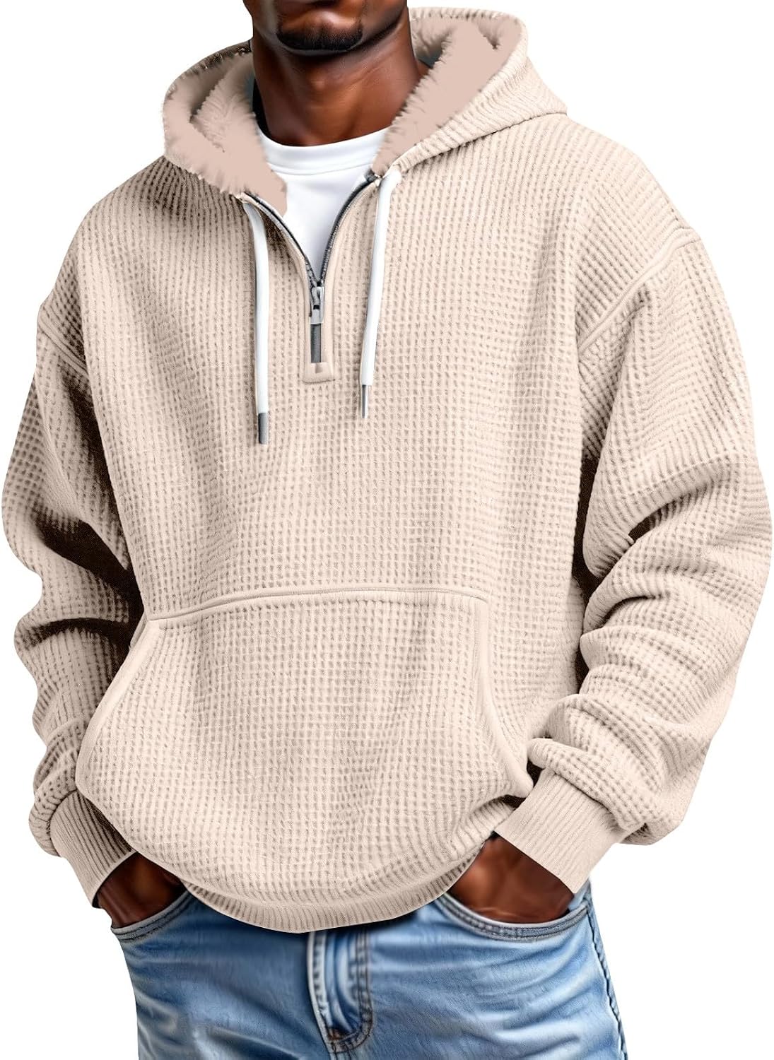 Men's Waffle Knit Quarter Zip Hooded Sweatshirt - Long Sleeve Drawstring Pullover with Front Pocket for Autumn - Small