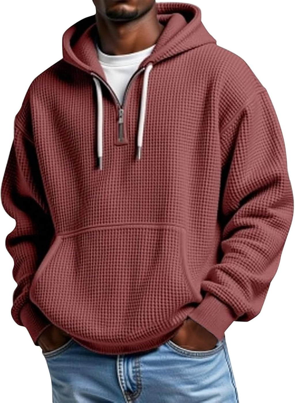 Men's Waffle Knit Quarter Zip Hooded Sweatshirt - Long Sleeve Drawstring Pullover with Front Pocket for Autumn - Small