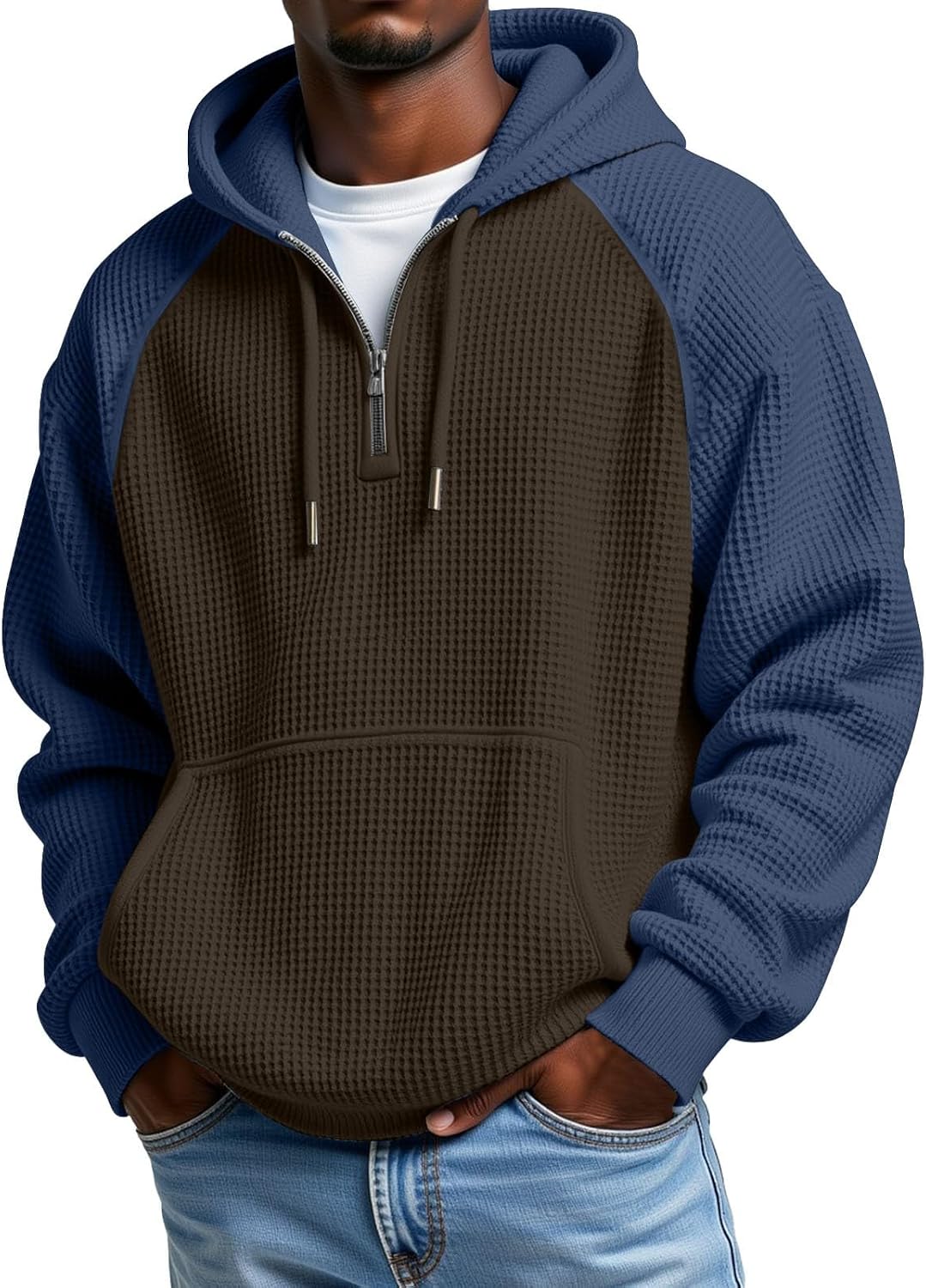 Men's Waffle Knit Quarter Zip Hooded Sweatshirt - Long Sleeve Drawstring Pullover with Front Pocket for Autumn - Large (