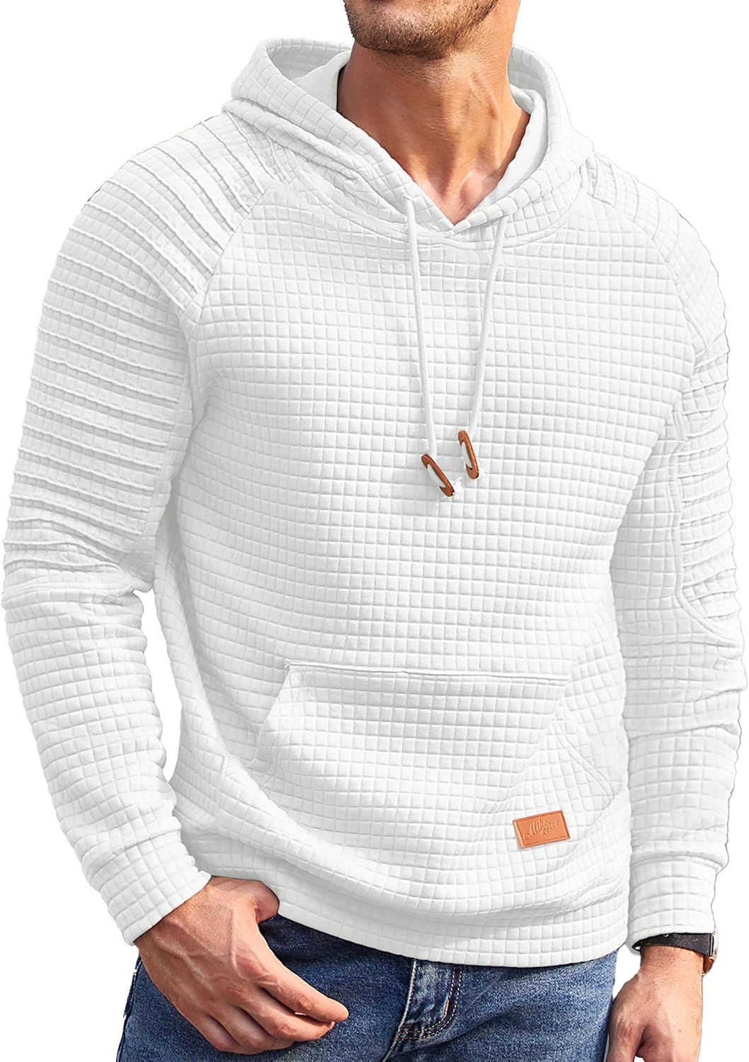 Men's Waffle Knit Pullover Hoodie - Long Sleeve Drawstring Sweatshirt with Kanga Pocket for Casual Daily Wear - Small