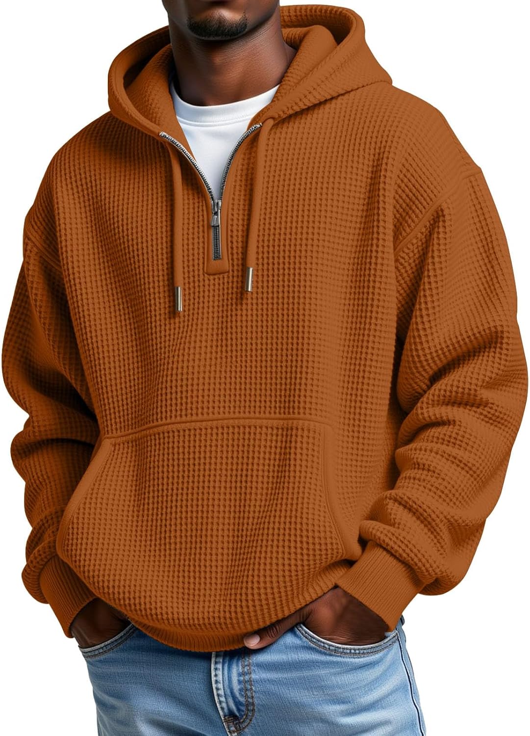 Men's Waffle Knit Quarter Zip Hooded Sweatshirt - Long Sleeve Drawstring Pullover with Front Pocket for Autumn - XX-Larg