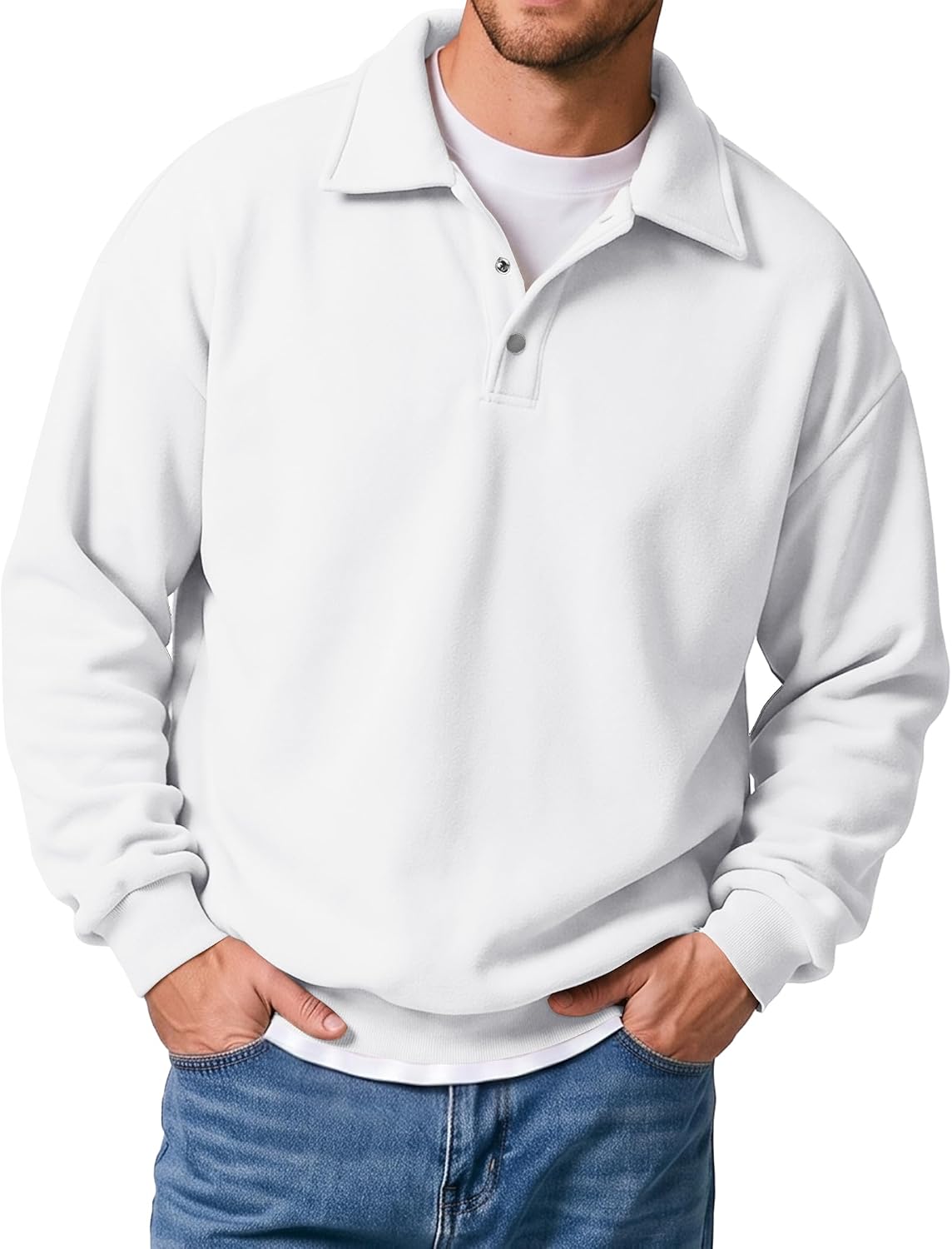 Men's Midweight Fleece Polo Sweatshirt - Quarter Button Collared Pullover with Ribbed Cuffs for Fall and Winter - Medium