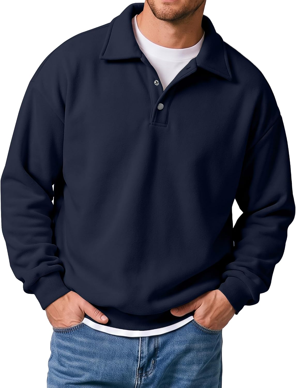 Men's Midweight Fleece Polo Sweatshirt - Quarter Button Collared Pullover with Ribbed Cuffs for Fall and Winter - Small