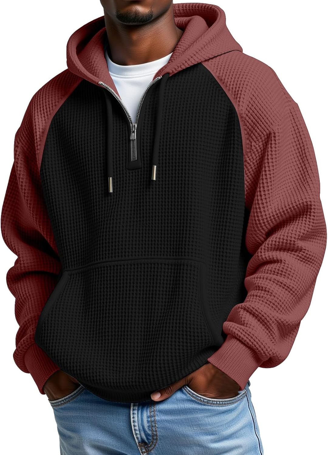 Men's Waffle Knit Quarter Zip Hooded Sweatshirt - Long Sleeve Drawstring Pullover with Front Pocket for Autumn - Large