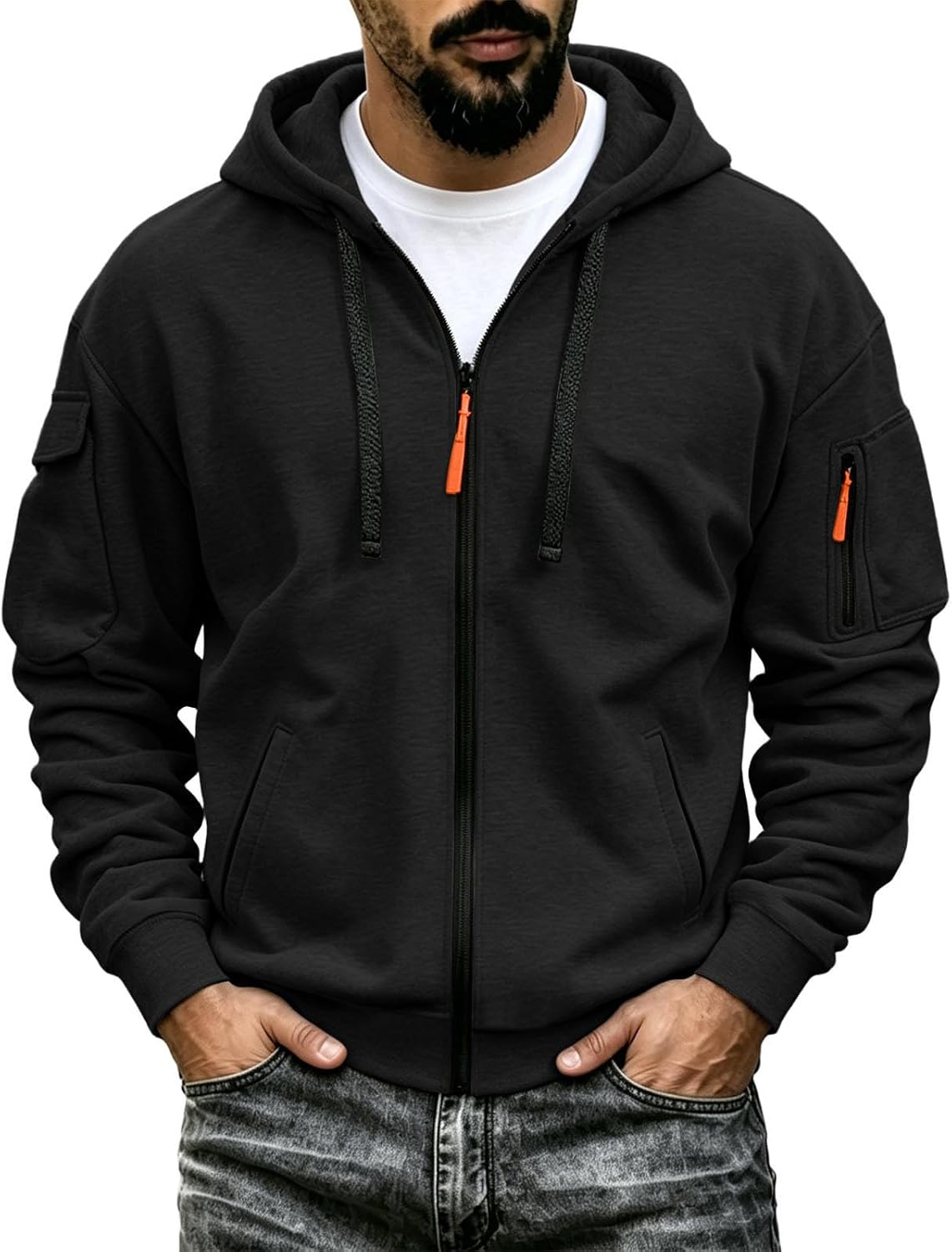 Men's Tactical Zip Up Hoodie - Oversized Cotton Blend Hooded Jacket with Full Zip for Travel and Everyday Wear - Small