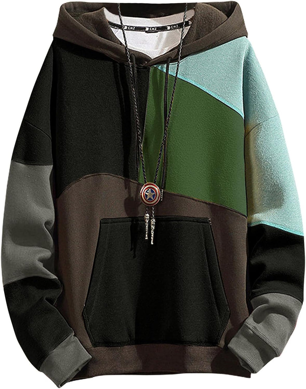 Men's Contrast Colour Patchwork Pullover Hoodie - Cotton Blend Hooded Sweatshirt with Long Sleeves for Autumn - Large