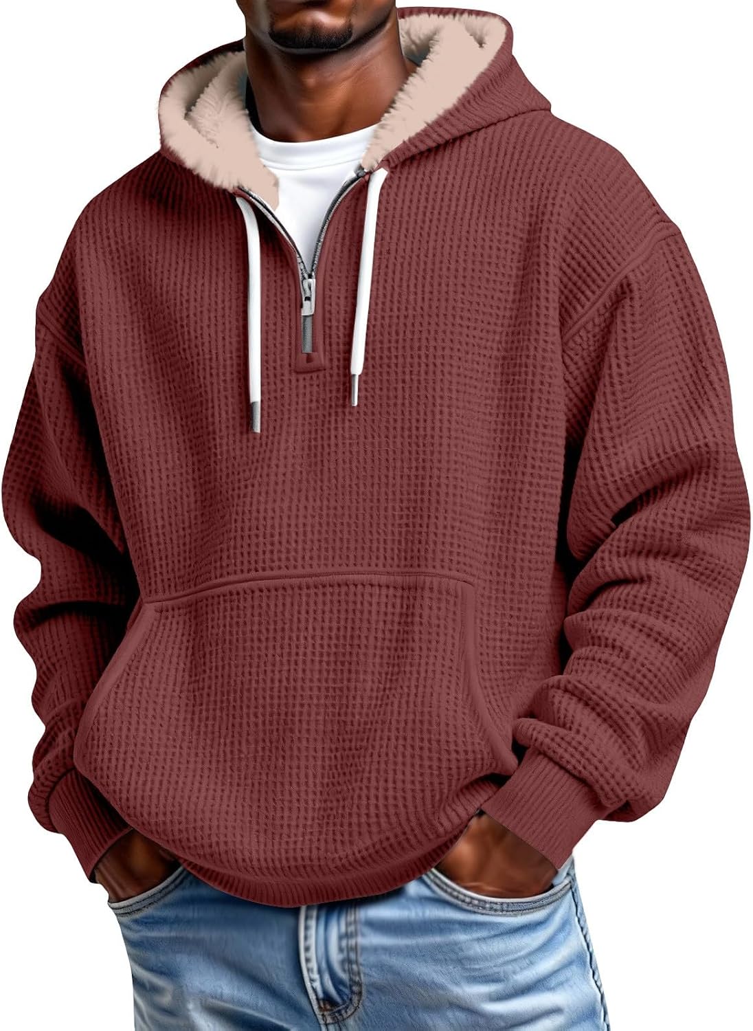 Men's Waffle Knit Quarter Zip Hooded Sweatshirt - Long Sleeve Drawstring Pullover with Front Pocket for Autumn - Small
