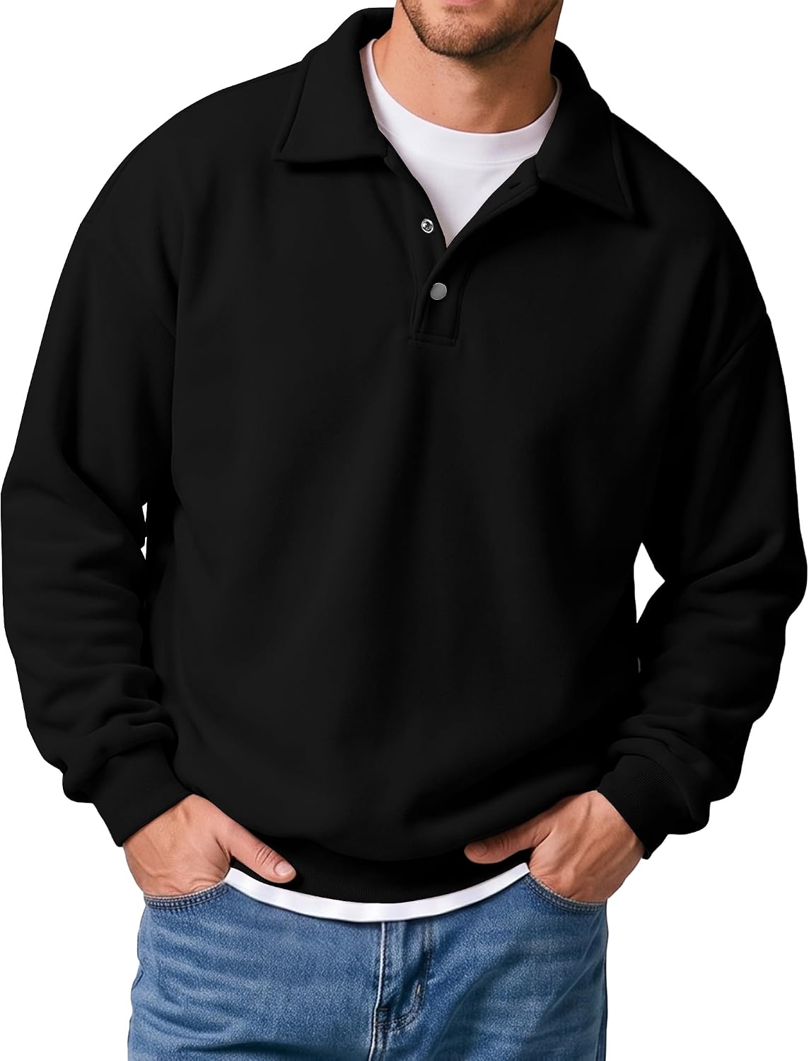 Men's Midweight Fleece Polo Sweatshirt - Quarter Button Collared Pullover with Ribbed Cuffs for Fall and Winter - Small